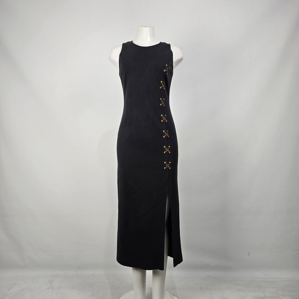 Vintage Spanner Imports Black Cotton Midi Dress Faux Lace-Up Side Slit Size S