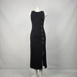 Vintage Spanner Imports Black Cotton Midi Dress Faux Lace-Up Side Slit Size S