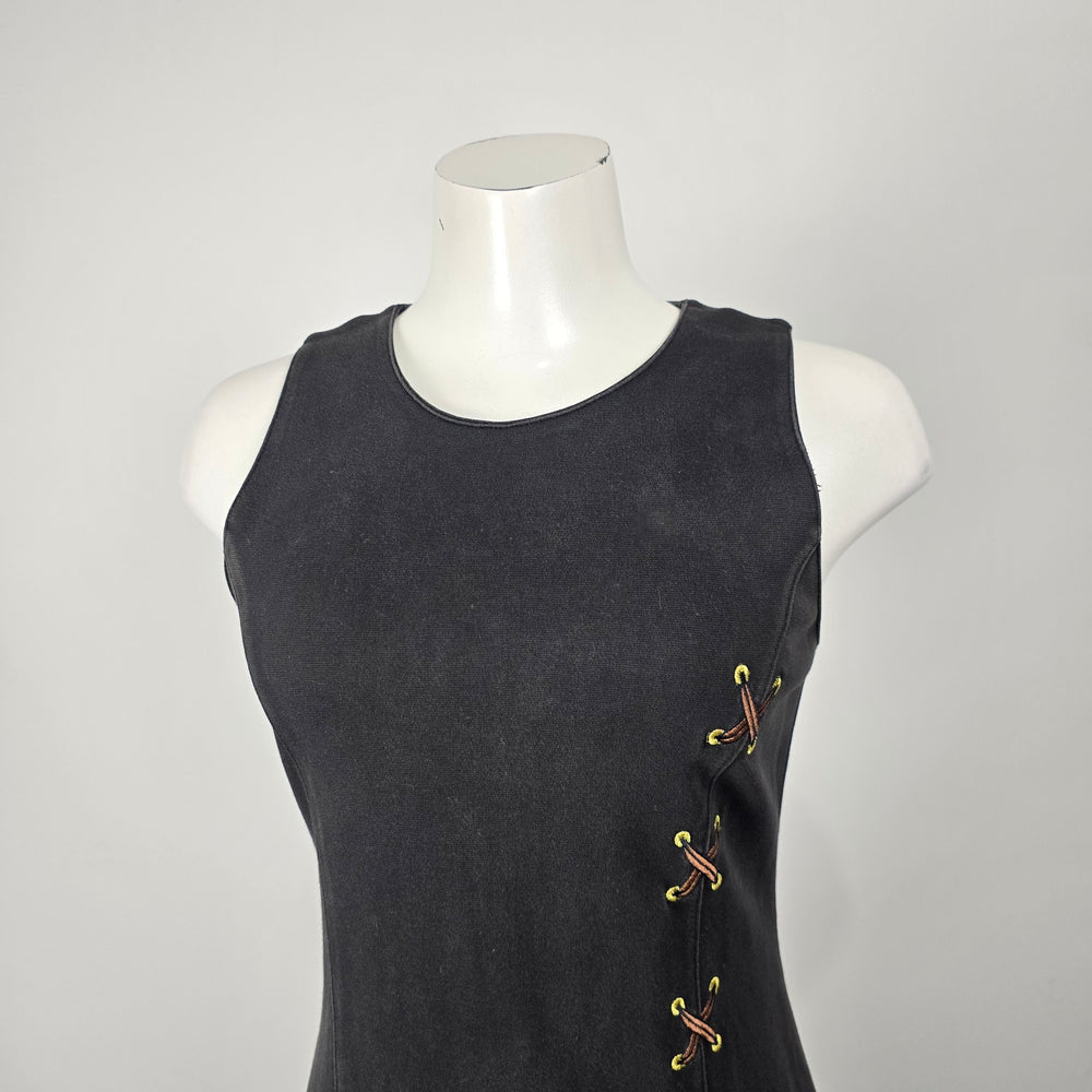 Vintage Spanner Imports Black Cotton Midi Dress Faux Lace-Up Side Slit Size S