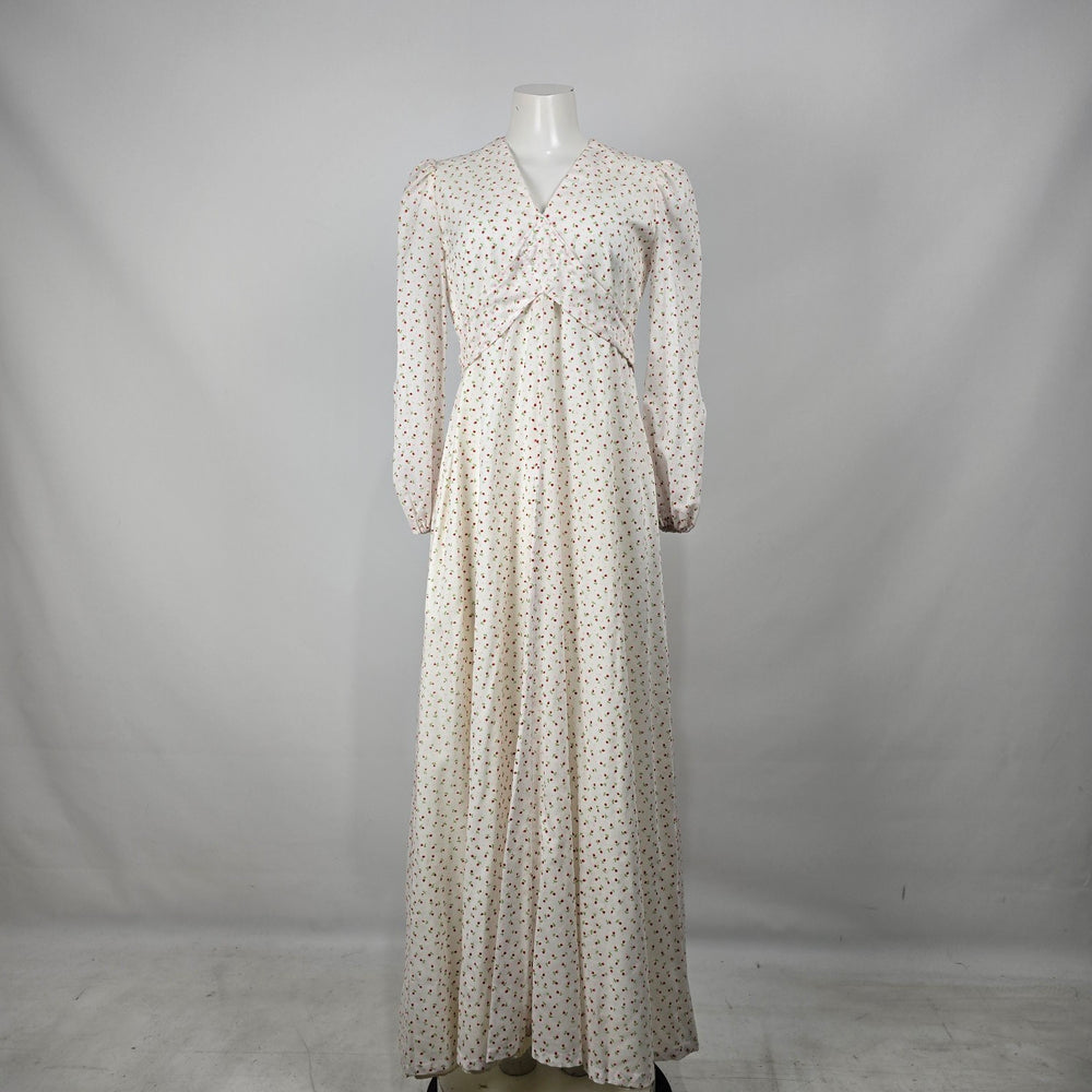 Vintage White Floral Prairie Maxi Dress Long Sleeve Tie Back Dress Size M