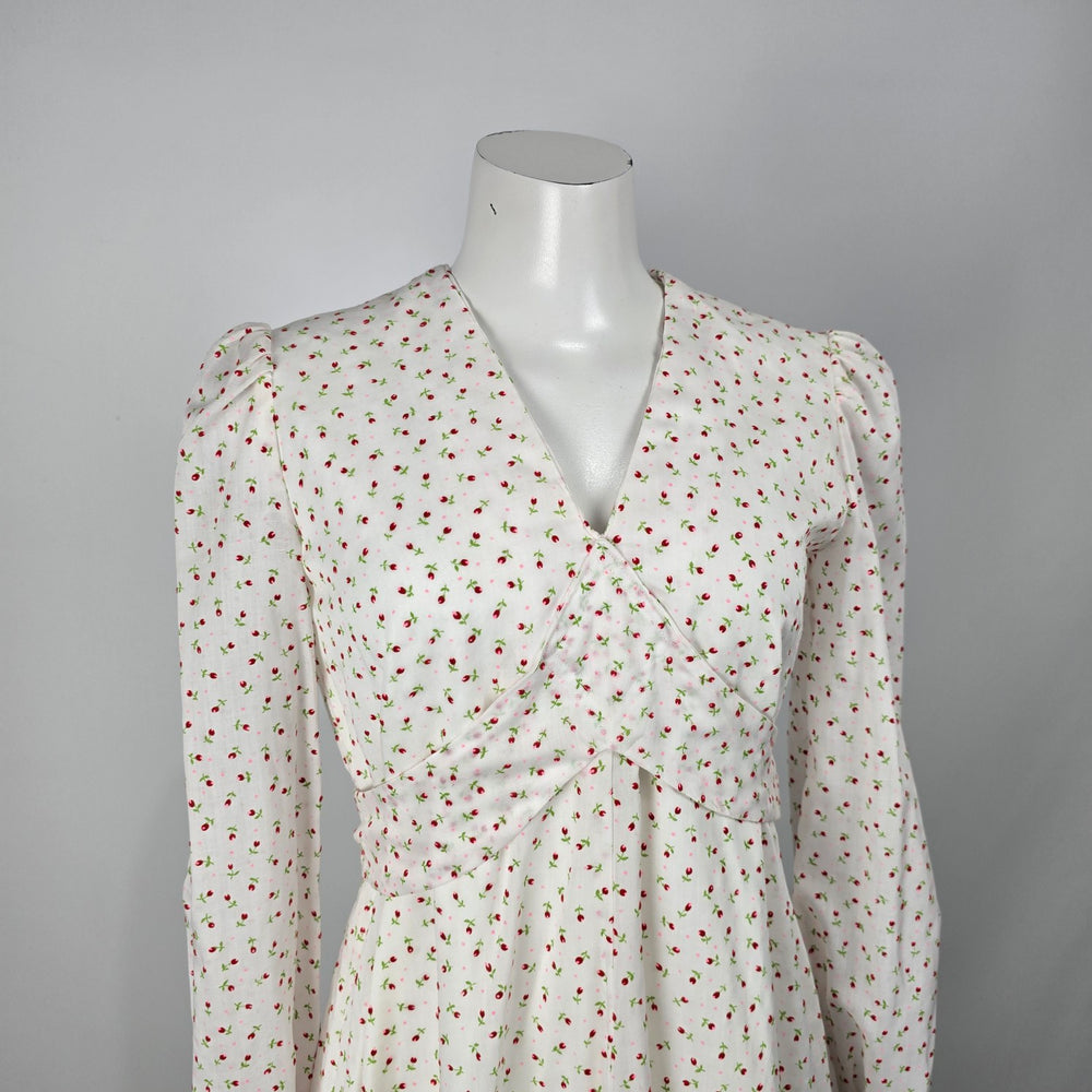 Vintage White Floral Prairie Maxi Dress Long Sleeve Tie Back Dress Size M