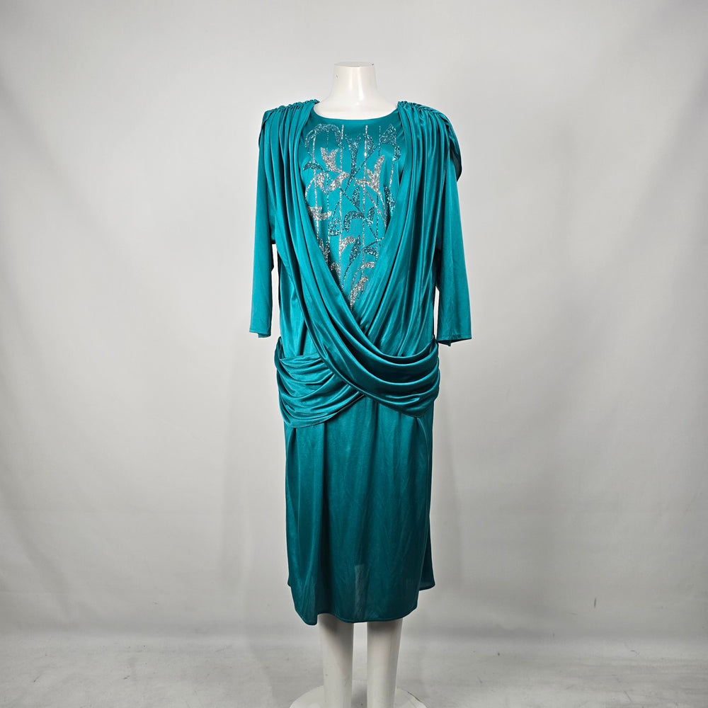 Vintage Jenny Teal Draped Glitter Evening Dress Formal Cocktail XL