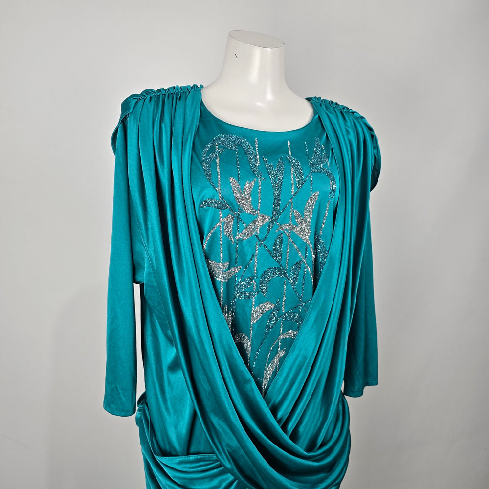 Vintage Jenny Teal Draped Glitter Evening Dress Formal Cocktail XL