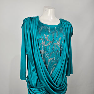 Vintage Jenny Teal Draped Glitter Evening Dress Formal Cocktail XL
