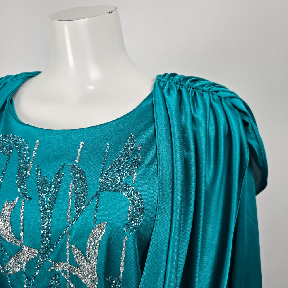 Vintage Jenny Teal Draped Glitter Evening Dress Formal Cocktail XL