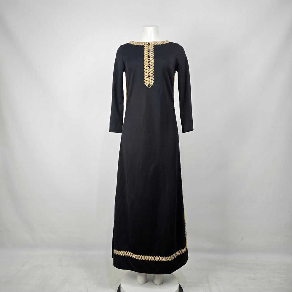 Vintage Bleeker Street Black Maxi Dress Gold Trim Beaded Boho Size S/M