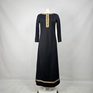 Vintage Bleeker Street Black Maxi Dress Gold Trim Beaded Boho Size S/M
