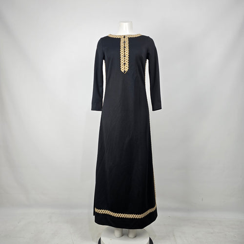 Vintage Bleeker Street Black Maxi Dress Gold Trim Beaded Boho Size S/M