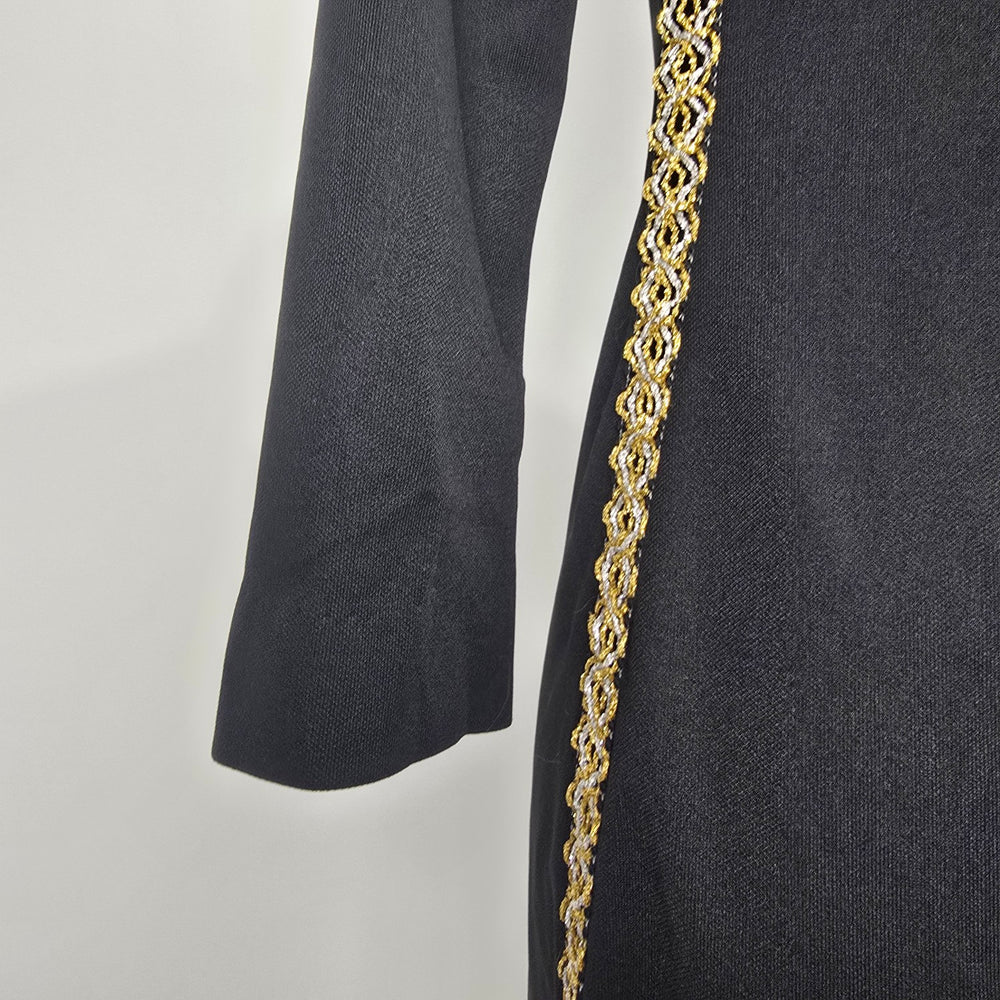 Vintage Bleeker Street Black Maxi Dress Gold Trim Beaded Boho Size S/M