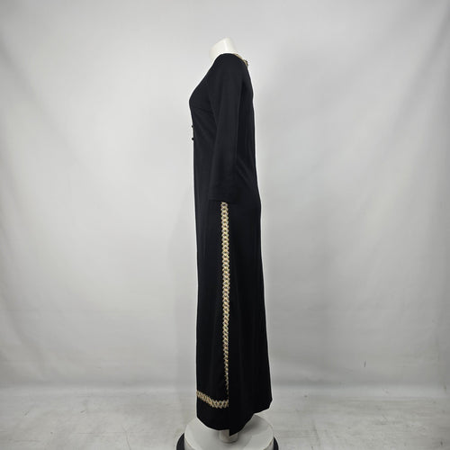 Vintage Bleeker Street Black Maxi Dress Gold Trim Beaded Boho Size S/M
