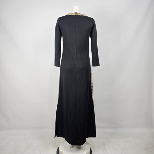 Vintage Bleeker Street Black Maxi Dress Gold Trim Beaded Boho Size S/M