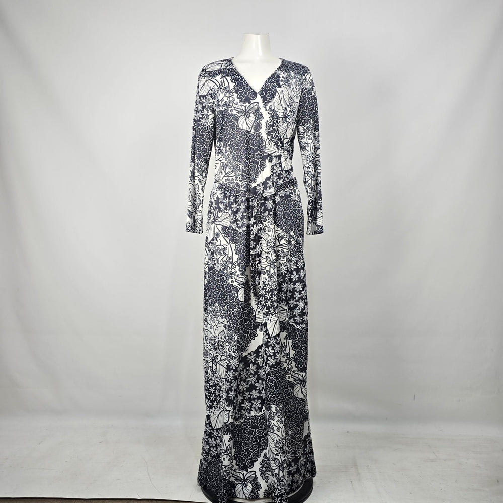 Vintage 70s Jones Black White Floral Maxi Dress Long Sleeve Belted Size M