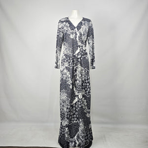 Vintage 70s Jones Black White Floral Maxi Dress Long Sleeve Belted Size M
