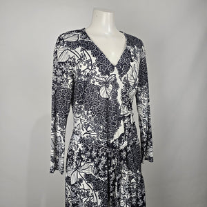 Vintage 70s Jones Black White Floral Maxi Dress Long Sleeve Belted Size M