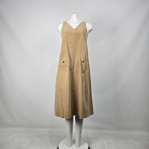 Vintage Meanwhile Beige Corduroy Dress Midi Pinafore Sleeveless Size 12