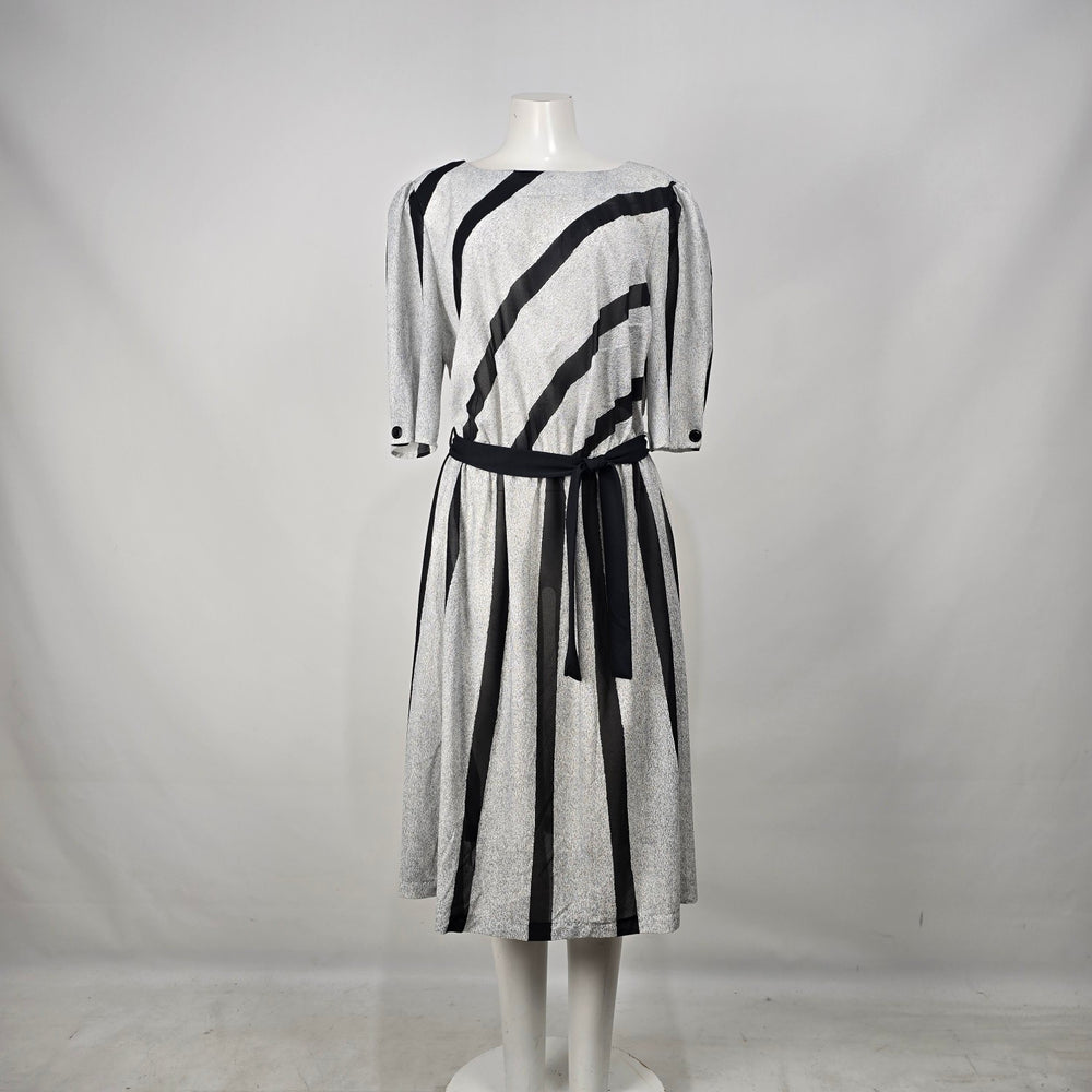 Grand Avenue Vintage Black Gray Stripes Midi Dress Belted Size M/L