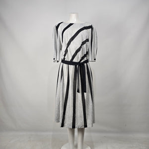 Grand Avenue Vintage Black Gray Stripes Midi Dress Belted Size M/L