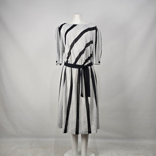 Grand Avenue Vintage Black Gray Stripes Midi Dress Belted Size M/L