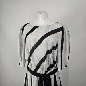 Grand Avenue Vintage Black Gray Stripes Midi Dress Belted Size M/L