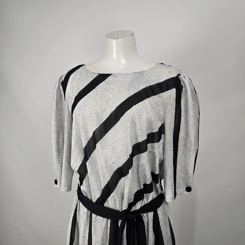 Grand Avenue Vintage Black Gray Stripes Midi Dress Belted Size M/L