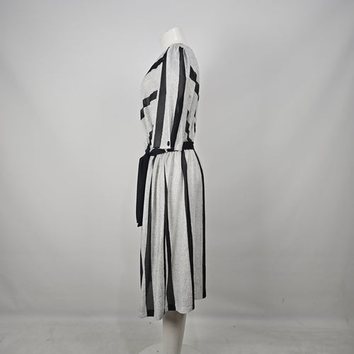 Grand Avenue Vintage Black Gray Stripes Midi Dress Belted Size M/L