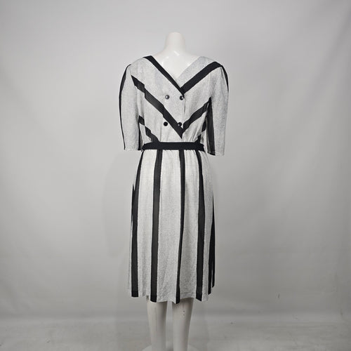 Grand Avenue Vintage Black Gray Stripes Midi Dress Belted Size M/L