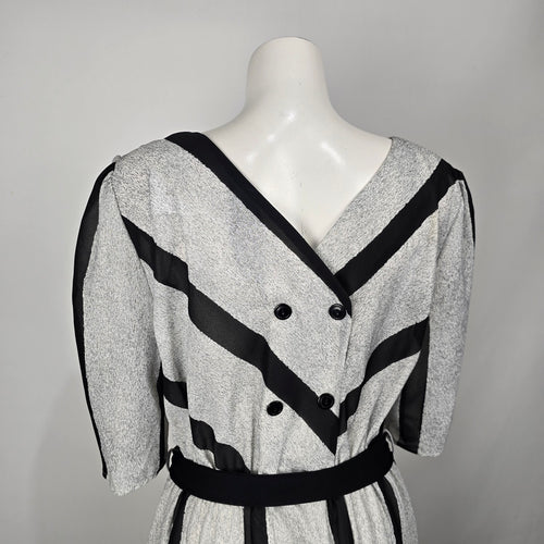 Grand Avenue Vintage Black Gray Stripes Midi Dress Belted Size M/L