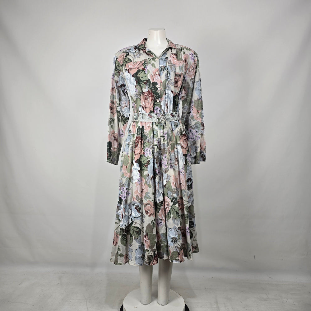 Kaiser Vintage Floral Fit & Flare Dress Cottagecore Belted Midi Dress Sz L/XL