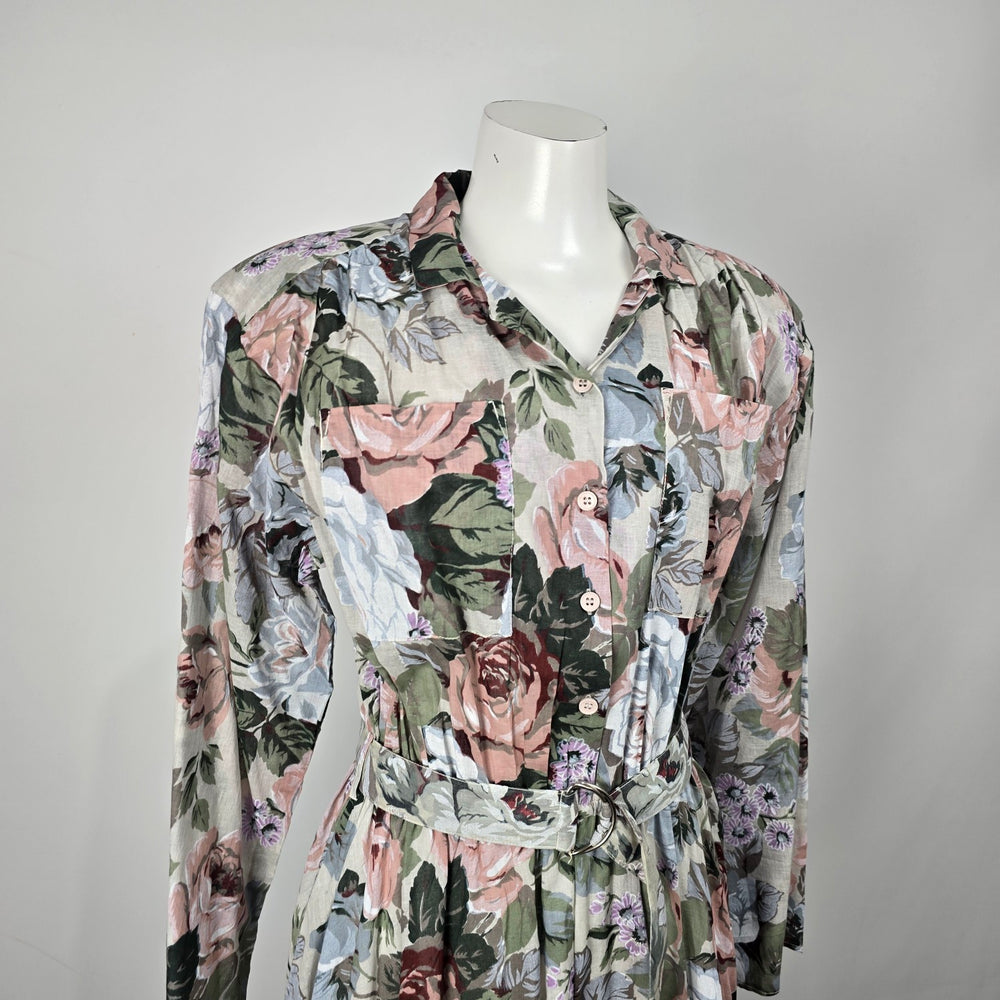 Kaiser Vintage Floral Fit & Flare Dress Cottagecore Belted Midi Dress Sz L/XL