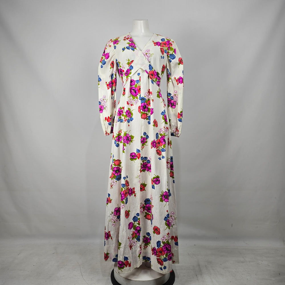 Vintage Floral Maxi Dress White Pink Long Sleeve Boho Prairie Size M/L