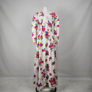 Vintage Floral Maxi Dress White Pink Long Sleeve Boho Prairie Size M/L