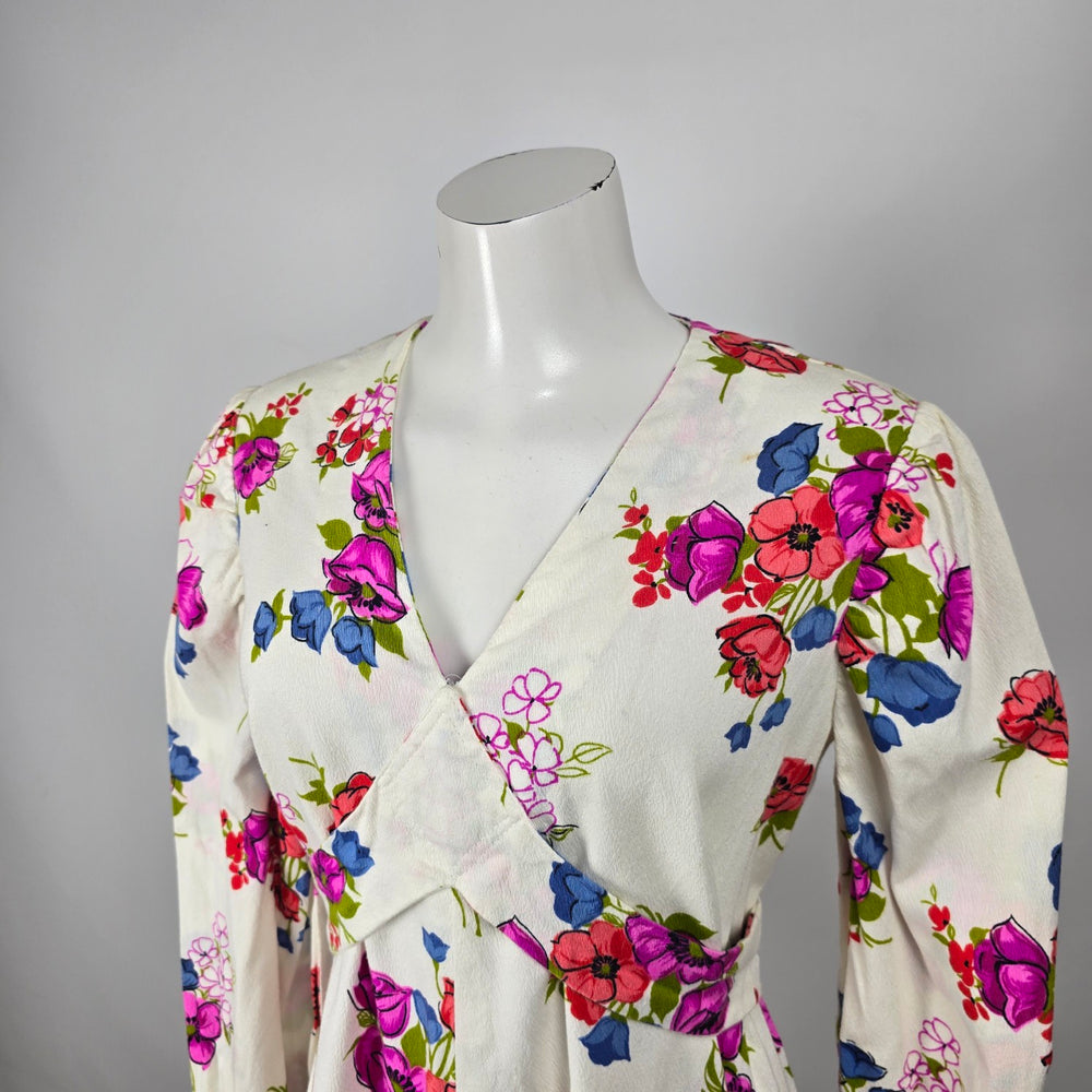 Vintage Floral Maxi Dress White Pink Long Sleeve Boho Prairie Size M/L