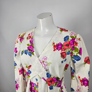 Vintage Floral Maxi Dress White Pink Long Sleeve Boho Prairie Size M/L
