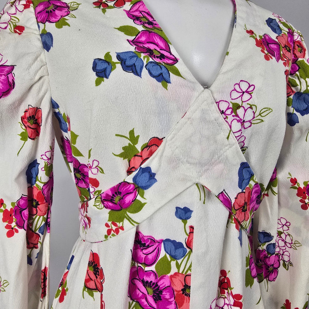 Vintage Floral Maxi Dress White Pink Long Sleeve Boho Prairie Size M/L