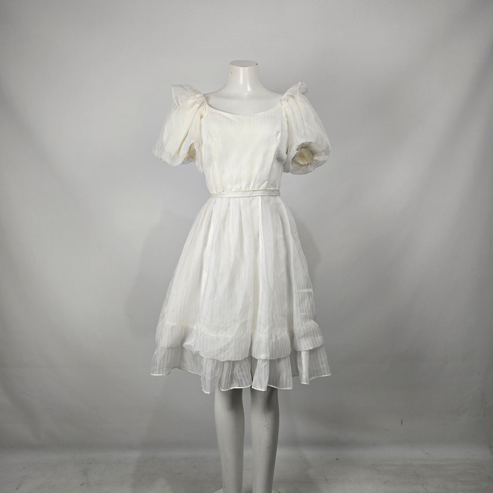 Vintage Soft White Puff Sleeve Midi Dress Romantic Bridal Size S