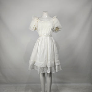 Vintage Soft White Puff Sleeve Midi Dress Romantic Bridal Size S