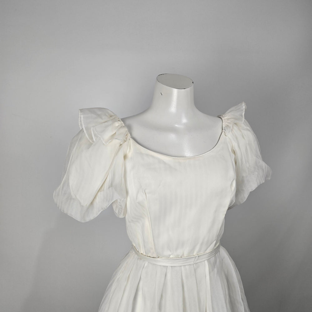 Vintage Soft White Puff Sleeve Midi Dress Romantic Bridal Size S