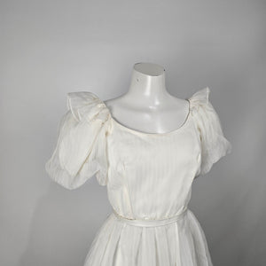 Vintage Soft White Puff Sleeve Midi Dress Romantic Bridal Size S