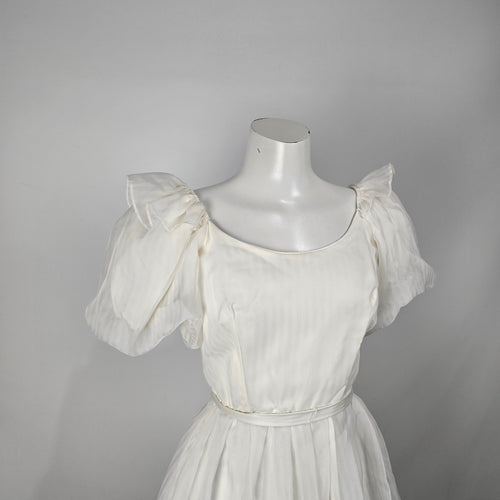 Vintage Soft White Puff Sleeve Midi Dress Romantic Bridal Size S
