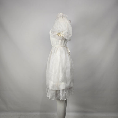 Vintage Soft White Puff Sleeve Midi Dress Romantic Bridal Size S
