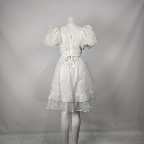 Vintage Soft White Puff Sleeve Midi Dress Romantic Bridal Size S