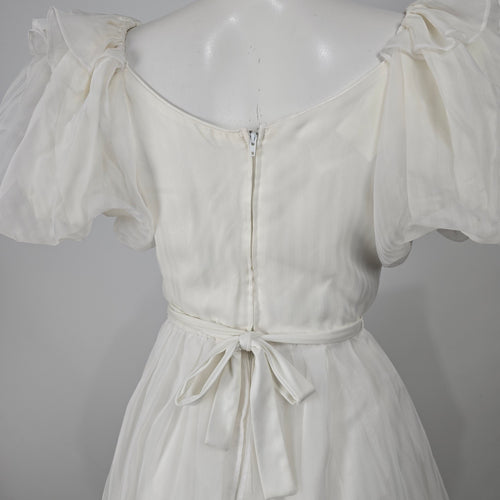 Vintage Soft White Puff Sleeve Midi Dress Romantic Bridal Size S