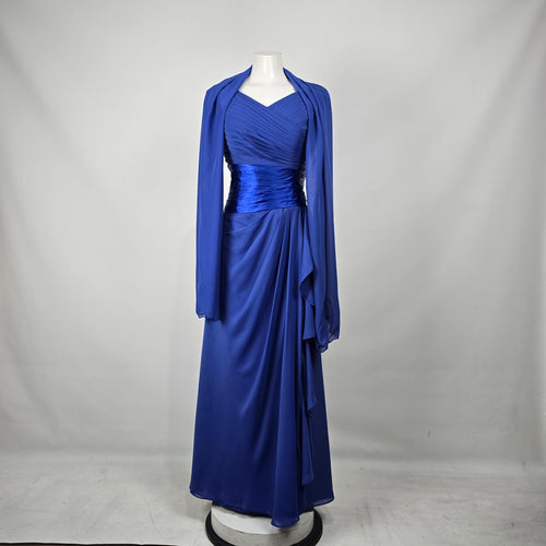 JJs House Royal Blue Ruched Chiffon Evening Gown with Shawl - S/M
