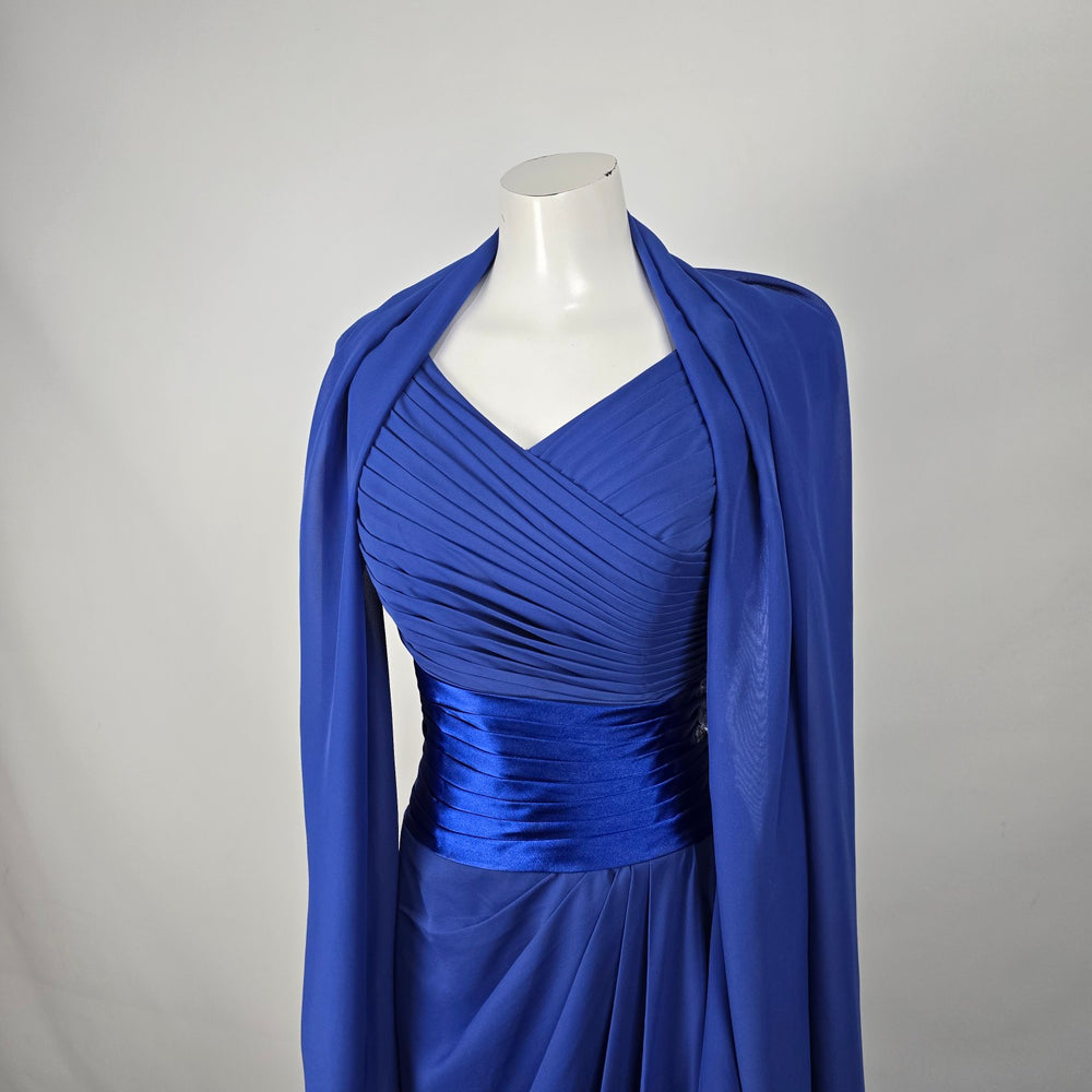 JJs House Royal Blue Ruched Chiffon Evening Gown with Shawl - S/M