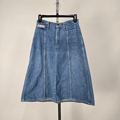 Vintage GWG Scrubbies Women's Blue Denim A-Line Midi Skirt Snap Button