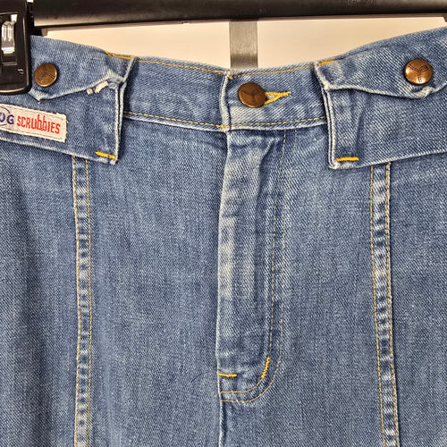 Vintage GWG Scrubbies Women's Blue Denim A-Line Midi Skirt Snap Button