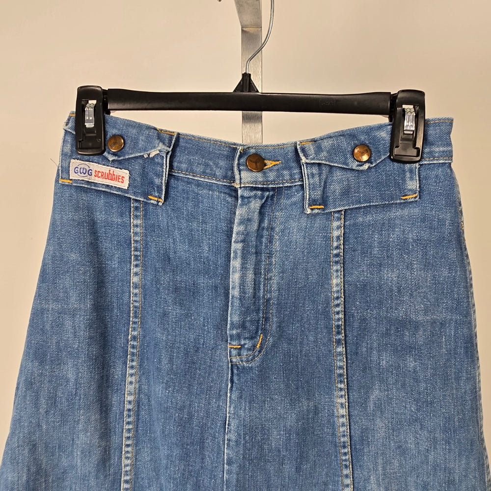 Vintage GWG Scrubbies Women's Blue Denim A-Line Midi Skirt Snap Button