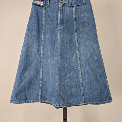 Vintage GWG Scrubbies Women's Blue Denim A-Line Midi Skirt Snap Button
