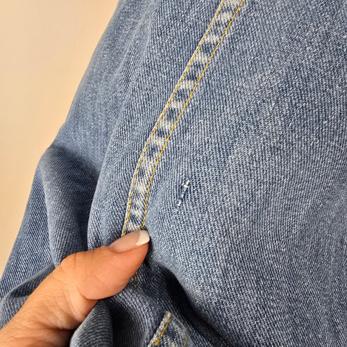 Vintage GWG Scrubbies Women's Blue Denim A-Line Midi Skirt Snap Button
