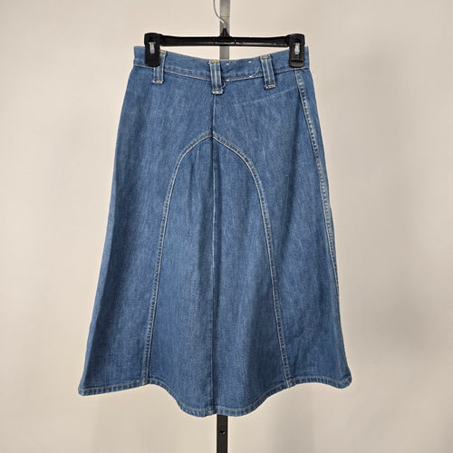 Vintage GWG Scrubbies Women's Blue Denim A-Line Midi Skirt Snap Button